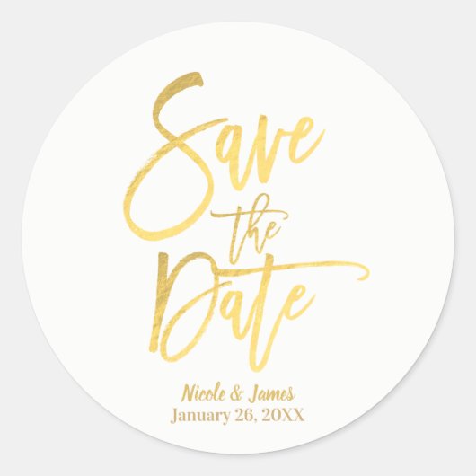Sticker Rond Enregistrer la date Faux Gold Foil Modern Script F (Devant)