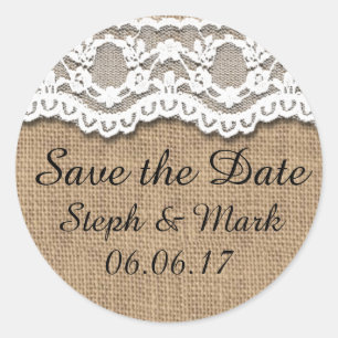 Sticker Rond Enregistrer la date, le Burlap rustique et la dent