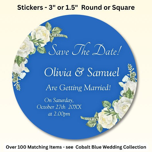Sticker Rond Enregistrer La Date - Mariage Cobalt Blue & White
