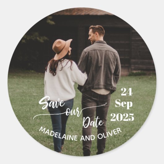 Sticker Rond Enregistrer la date Mariage photo moderne (Devant)
