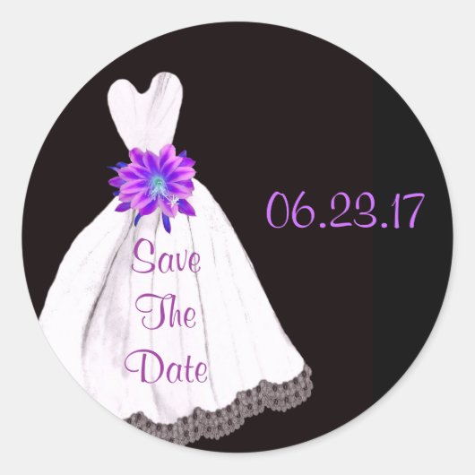 Sticker Rond Enregistrer la date - Robe Mariage avec Bouquet PU (Devant)