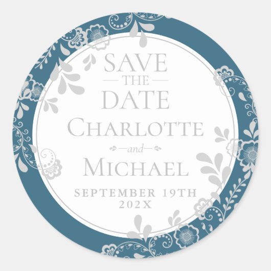 Sticker Rond Enregistrer la date Silver Blue Victorian Floral L (Devant)