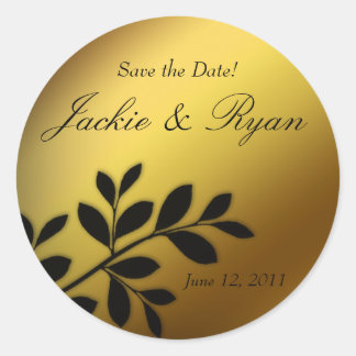 Sticker Rond Enregistrer l'autocollant Mariage date feuilles or