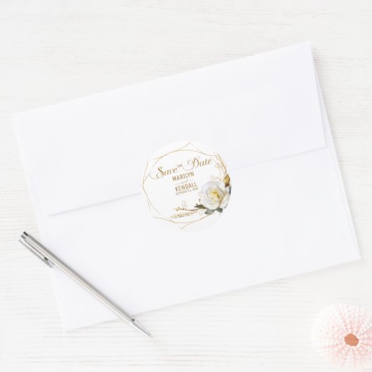 Sticker Rond Enregistrer le Mariage or Rose date (Enveloppe)