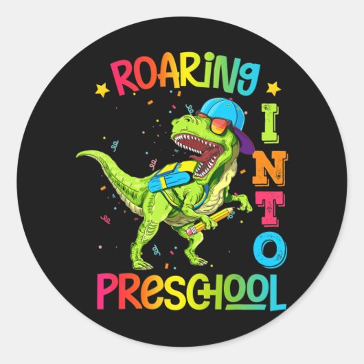 Sticker Rond Enseignant Pré K Retour À L'École Préscolaire Dino (Devant)