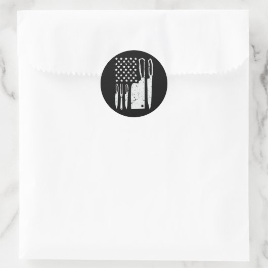Sticker Rond Ensemble de couteaux de chef Chemise Drapeau améri (Sac)