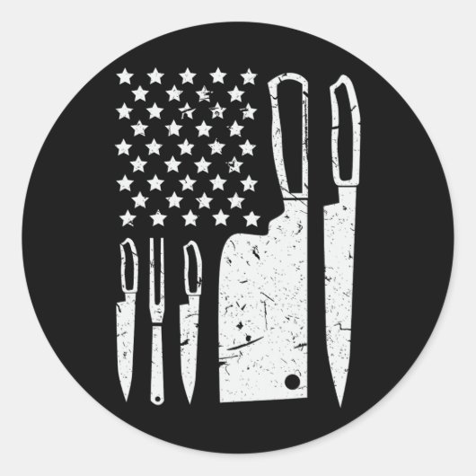Sticker Rond Ensemble de couteaux de chef Chemise Drapeau améri (Devant)