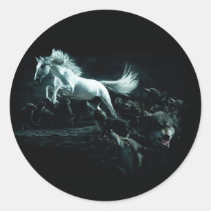 Sticker Rond Ensemble de loups attaquant un cheval blanc