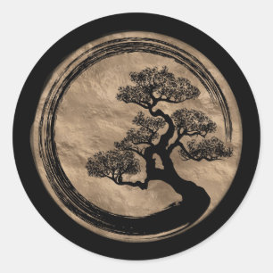 Sticker Rond Enso Zen Circle et Bonsai Tree Gold