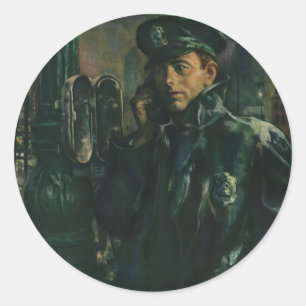 Sticker Rond Entreprise Vintage, Policier au Téléphone d'Urgenc