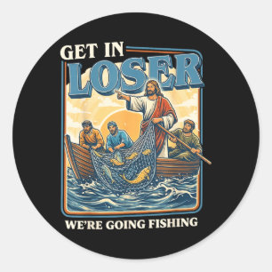 Sticker Rond Entrez Nous Allons Pêcher Jésus Rétro Humour de Pê