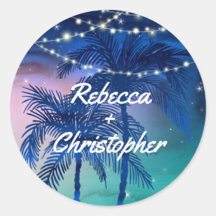 Sticker Rond Enveloppe de mariage de plage Palmiers tropicaux