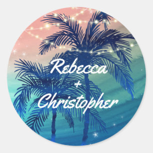 Sticker Rond Enveloppe de mariage de plage   Palmiers tropicaux