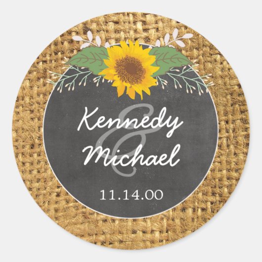 Sticker Rond Enveloppe de Mariage de tournesol Burlap rustique (Devant)