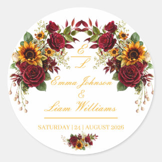 Sticker Rond Enveloppe de mariage floral tournesol Bourgogne