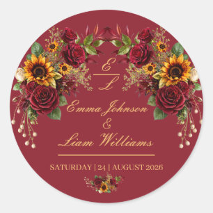 Sticker Rond Enveloppe de mariage florale tournesol Bourgogne