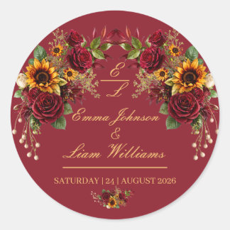 Sticker Rond Enveloppe de mariage florale tournesol Bourgogne