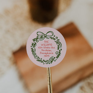 Sticker Rond Enveloppe de Noël rose Vintage dessinée à la main