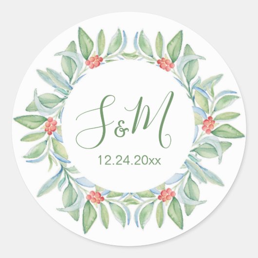 Sticker Rond Enveloppe de Noël Sceau, verdure et baies (Devant)