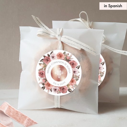 Sticker Rond Enveloppe Florale de Première Communion Espagnole