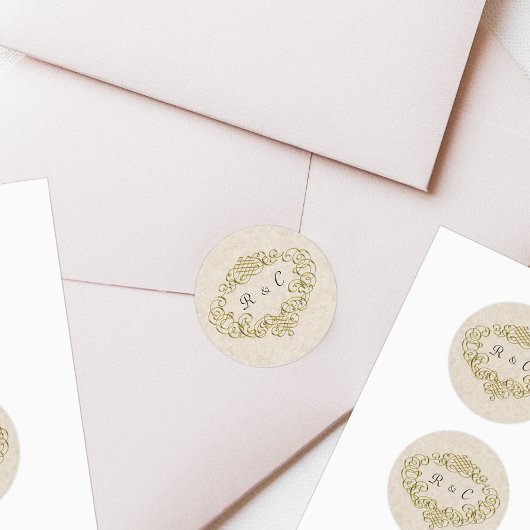Sticker Rond Enveloppe Mariage fleurie Gold Crest