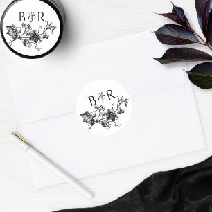 Sticker Rond Enveloppe Mariage floral noir et blanc Sceau/Favor