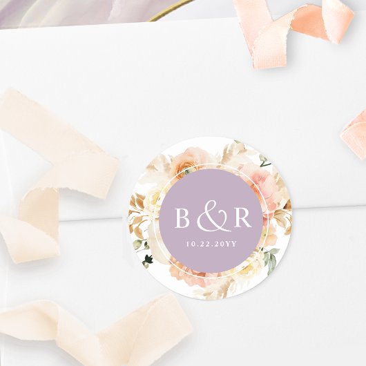 Sticker Rond Enveloppe Mariage Peach Blush et Lavender / Favori