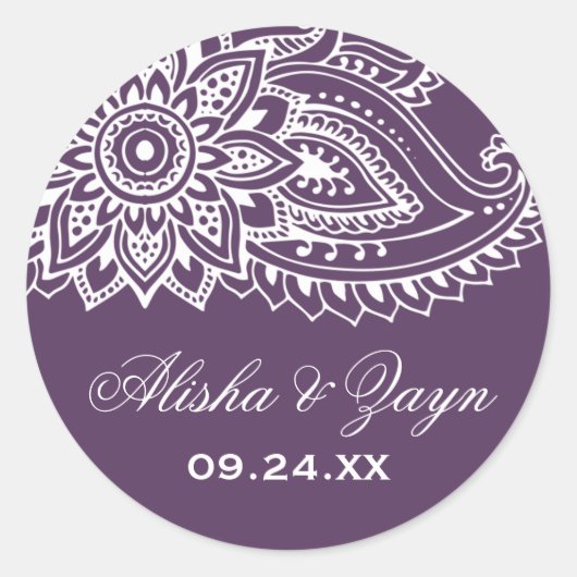 Sticker Rond Enveloppe Mariage Plum Indian Paisley (Devant)