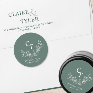 Sticker Rond Enveloppe Mariage vert profond Monogramme Sceau / 