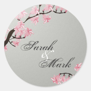 Sticker Rond Enveloppe Sceau Ardoise Gris & Fleurs de cerise ro