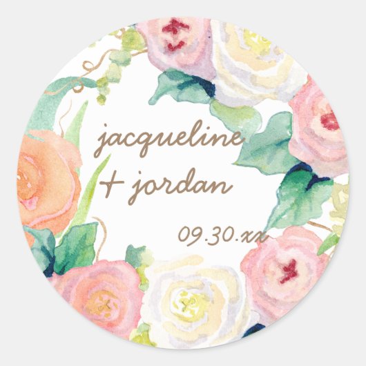Sticker Rond Enveloppe Sceau Simple Moderne Aquarelle Rose Flor (Devant)