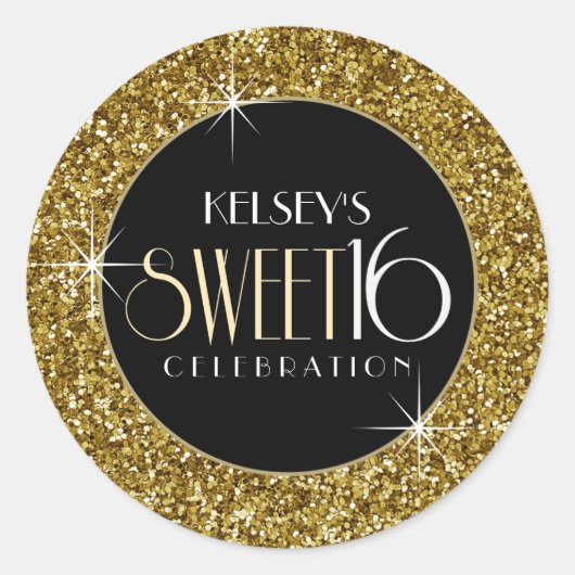 Sticker Rond Enveloppe Sweet 16 Faux Gold Glitter Sceau (Devant)