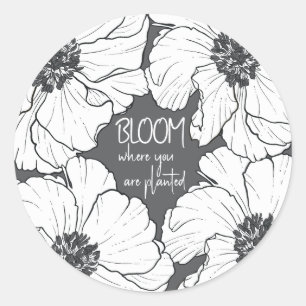 Sticker Rond "Épanouis-toi" Citation avec Fleurs Noir et Blanc