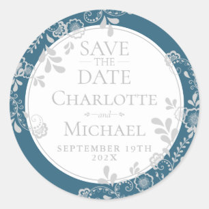 Sticker Rond Épargnez la date argent bleu floral victorien dent