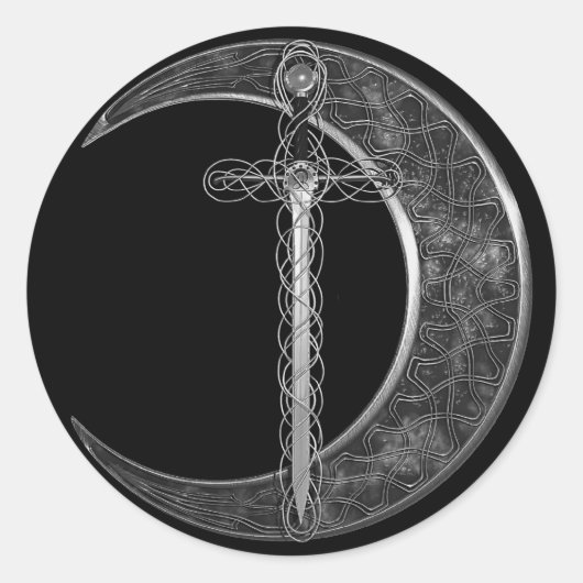 Sticker Rond Épée celtique grise et lune (Devant)