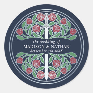 Sticker Rond Épée de mariage médiévale royale bleue argentée