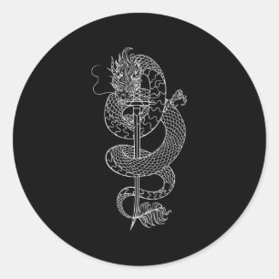 Sticker Rond Épée D'Un Samouraï Et D'Un Dragon Japonais