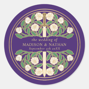 Sticker Rond Épée florale blanche médiévale royale violette pou