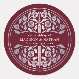 Sticker Rond Épée médiévale royale rouge argentée de mariage