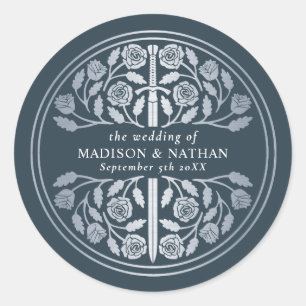 Sticker Rond Épée Royale Médiévale de Mariage Gris Argenté