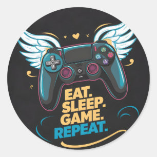 Sticker Rond Epic Gaming Gear. Manger. Dormir. Jeu. Recommencer