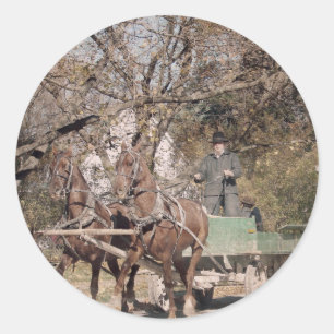 Sticker Rond Équipe à deux chevaux et Wagon