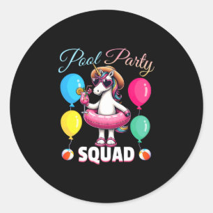 Sticker Rond Équipe de fête au bord de la piscine licorne drôle