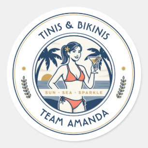 Sticker Rond Équipe de la mariée Preppy Coastal Tinis & Bikinis