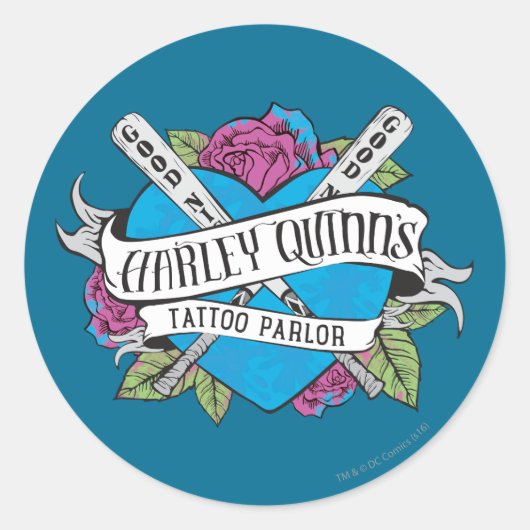 Sticker Rond Équipe de suicide | Harley Quinn's Tattoo Parlor H (Devant)
