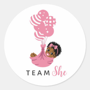 Sticker Rond Équipe Elle Ballon Rose Fille Bébé Afro-Américaine