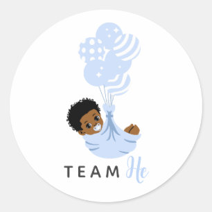 Sticker Rond Équipe Lui Garçon Afro-Américain Ballon Bleu Bébé