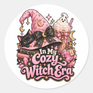 Sticker Rond Ère de sorcière confortable Halloween rose mignon