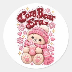 Sticker Rond Ère Ourson Cosy Noël Rose Mignon 