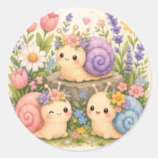 Sticker Rond Escargots mignons kawaii avec des fleurs
